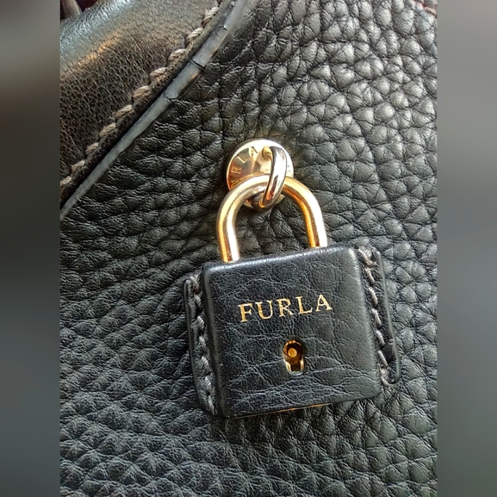 Beautiful Thick Black Leather Furla Laptop Bag / Satchel